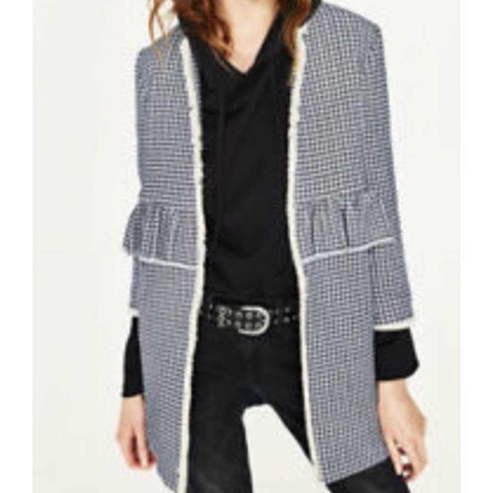 Zara Woman Blue White Gingham Check Tweed Long Blazer Jacket Open Front Large